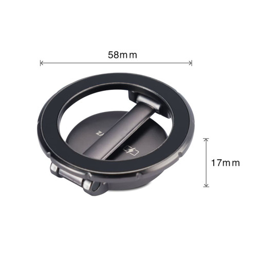 A sticky magnetic phone holder in black, featuring a circular design with a flip stand and dimensions indicated in millimetres.
