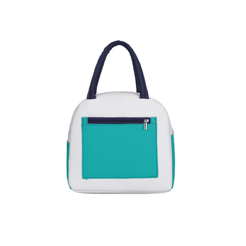 A colourful insulated lunch bag in white and teal, featuring a navy blue handle and a zippered pocket on the front.
