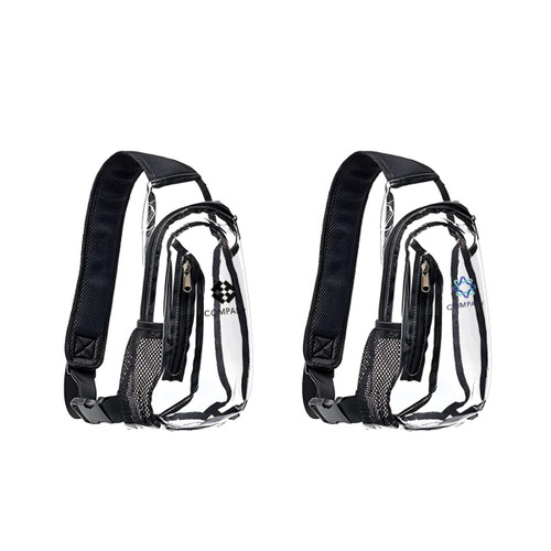 A large capacity clear bag with shoulder straps, featuring a black trim and a mesh pocket, includes logos on both sides.