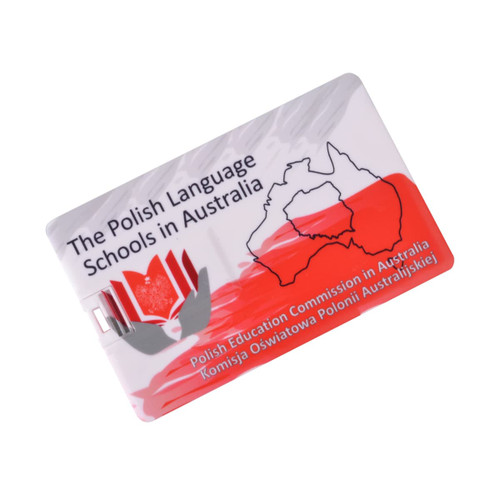 A white credit card flash drive with red and grey graphics, featuring a map of Australia and a logo.