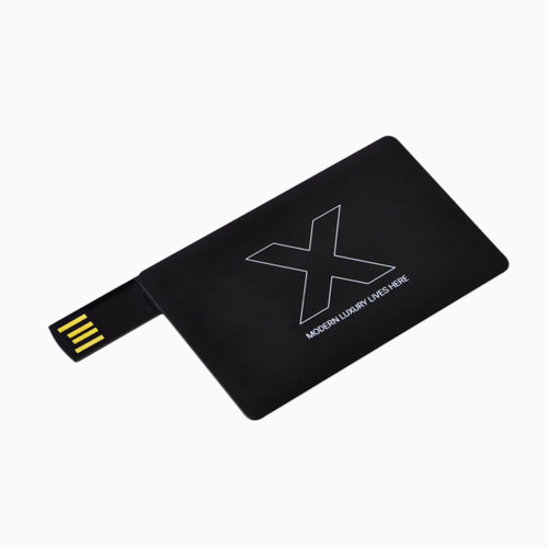 A sleek black flip card flash drive with a USB connector. Features a logo on the surface.