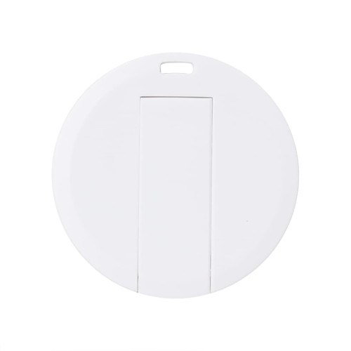 A round white flash drive with a sliding mechanism and a small hole for attaching to keychains.