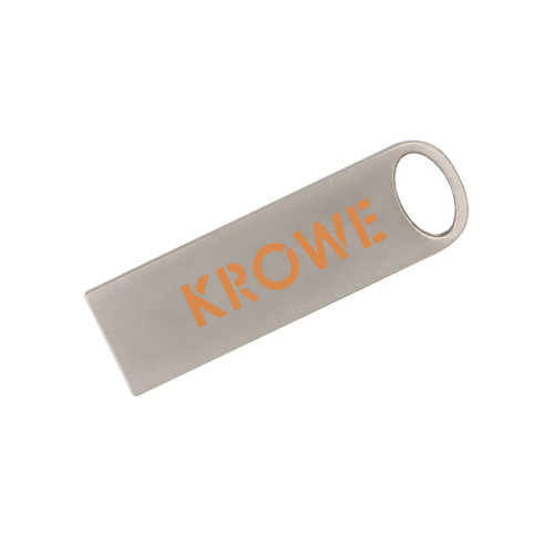A silver flash drive with an orange logo, featuring a sleek rectangular design and a hole for attachment.
