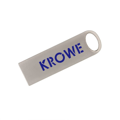 A silver flash drive with a blue logo and a rounded hole for easy attachment.