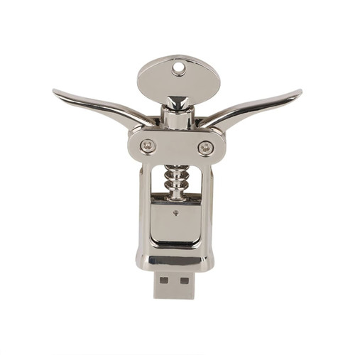 A corkscrew-shaped flash drive in shiny metallic silver, featuring a logo on the surface.