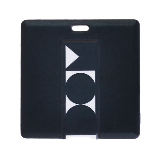 A square black flash drive featuring a simple geometric design and a small logo.