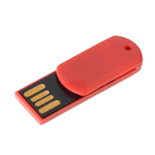A red paper clip flash drive featuring a sliding cover and a USB connector, with a logo displayed on the surface.