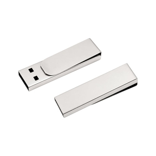 A metal clip flash drive in silver with a sleek design, featuring a removable cover and a logo.