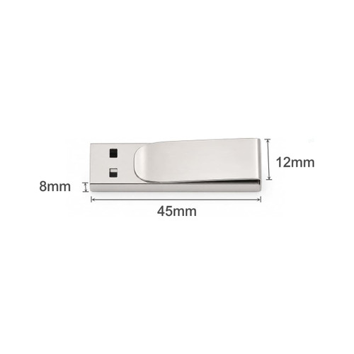 A metal clip flash drive in silver, featuring a sleek design with embedded storage dimensions.