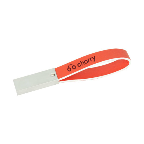 A red leather strap flash drive with a silver metallic end and a branding logo on the strap.