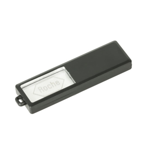A sliding acrylic flash drive in black with a clear, branded section for logo display.
