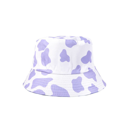 A bucket hat featuring a white base adorned with purple cow print patterns and a striped brim.