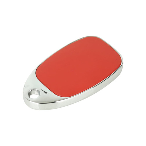A red sliding epoxy doming flash drive with a silver casing and a hole for attachment.
