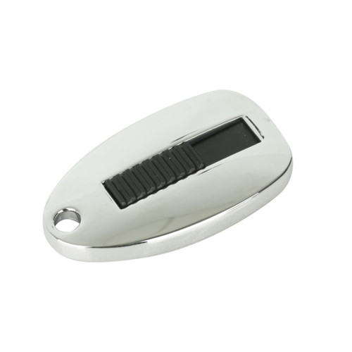 A shiny silver flash drive with a black sliding mechanism and a keychain hole for attachment.