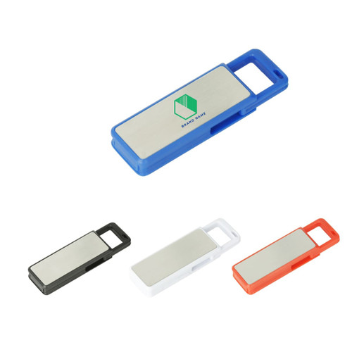 A collection of four flash drives in blue, black, white, and orange, featuring a silver panel and a logo.