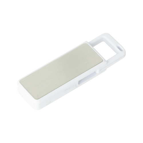A white flash drive with a metallic silver panel and a loop for easy attachment.