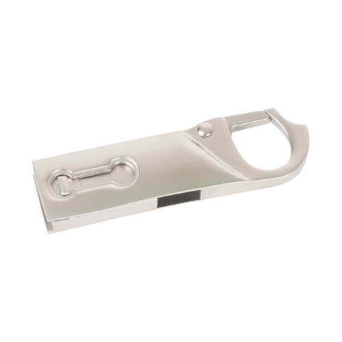 A silver clip lock flash drive with a carabiner-style design, featuring a metallic finish and a simple logo.