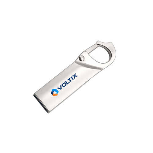 A silver Clip Lock Flash Drive with a sleek design and a branded logo.
