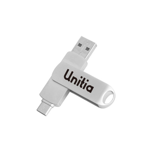 A silver double-end swivel Type C flash drive with one USB and one Type C connector, featuring a logo.
