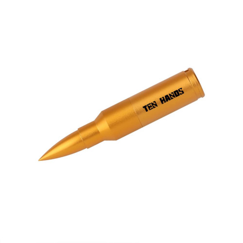 A gold bullet-shaped flash drive with a pointed tip and a logo.