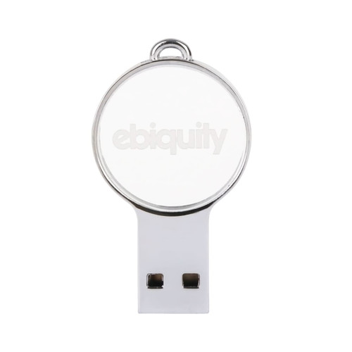 A mini round crystal flash drive in silver and white, featuring a logo on the crystal surface.