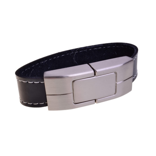A black leather bracelet with a silver metallic clasp and a branding logo.