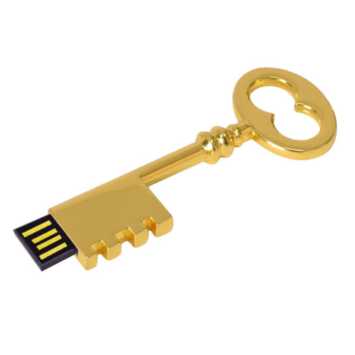 A golden key-shaped flash drive with a USB connector, featuring a sleek and shiny design.