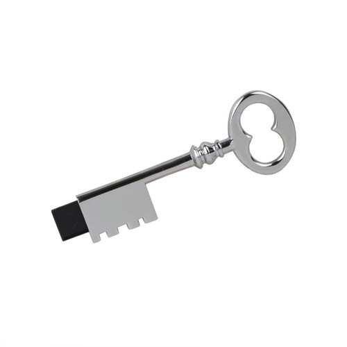 A silver key-shaped flash drive with a black connector on one end. It has a branding logo.