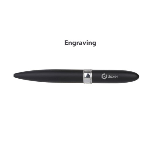 A sleek black pen with a silver band and a logo, designed for engraving.