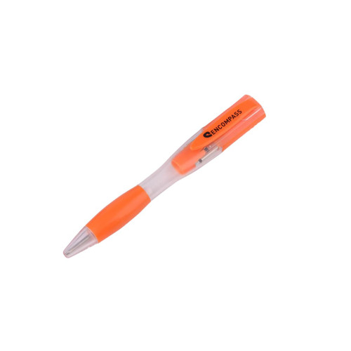 An orange ballpoint pen with a transparent barrel and a silver tip, featuring a logo on its side.