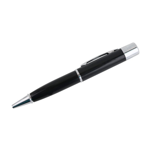 A black metal pen with a shiny silver clip and tip, designed as a flash drive.
