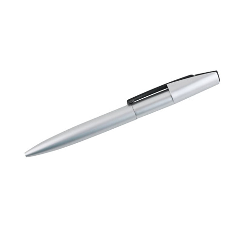 A silver USB memory pen with a sleek design and a black clip, featuring a logo on its surface.