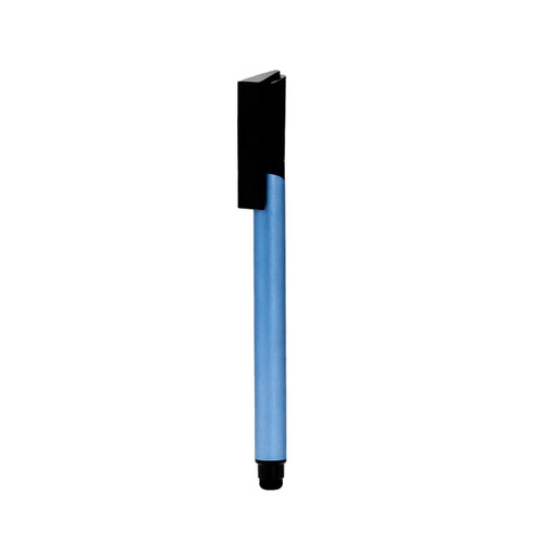 A blue stylus USB pen with a black tip, featuring a sleek design and a small logo.