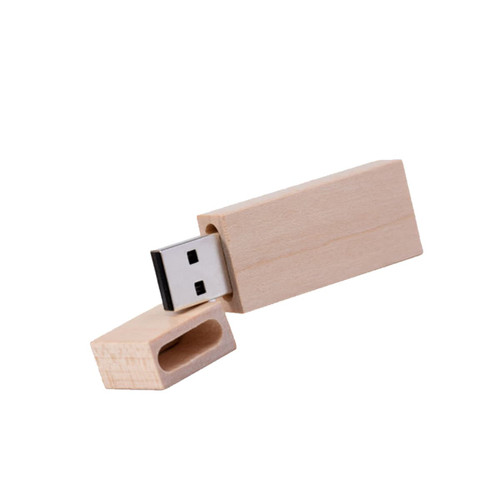 A rectangular wooden flash drive in a light wood finish, with a removable cap and a metal USB connector.