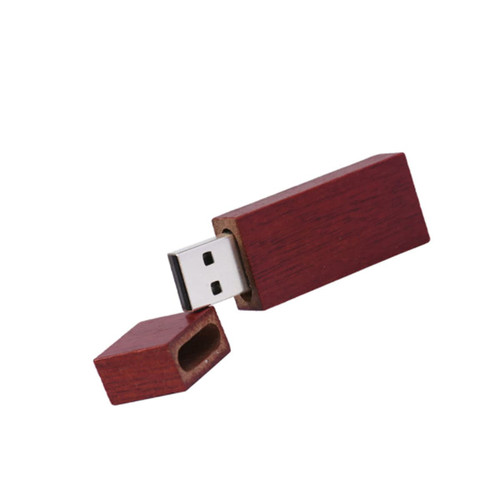 A wooden rectangular flash drive in a rich reddish-brown colour, featuring a removable cap and a metallic USB connector.