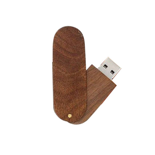 A swivel wooden flash drive in a rich brown colour, featuring a metallic USB connector and a simple logo.