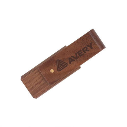 A wooden flash drive in a dark brown finish, featuring a branding logo.