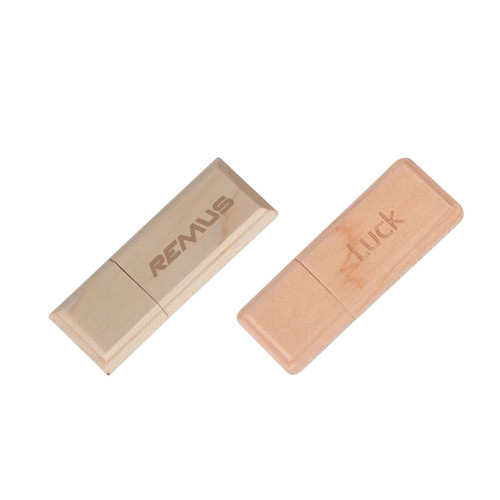 Two wooden flash drives in light beige tones, featuring engraved text and a logo on one side.