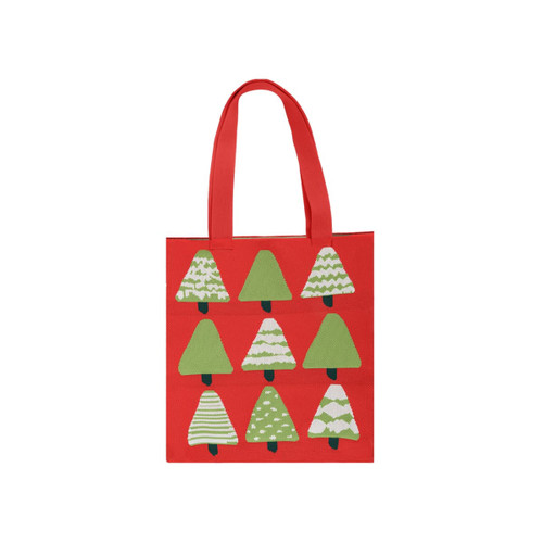 A red knitted flat tote bag featuring green tree designs in various patterns. It has two handles and a logo.