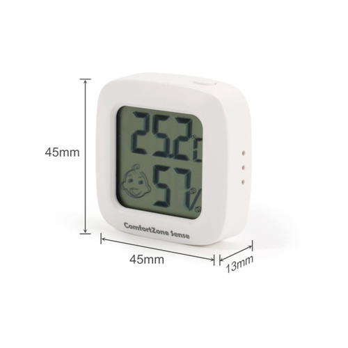 A white mini digital thermometer displaying temperature and humidity levels with a logo on the front.