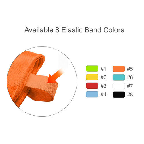 An orange training bib with a strap. Eight elastic band colour options are displayed alongside.
