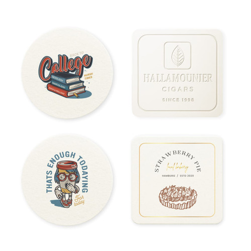 Four round paper coasters featuring various designs, including illustrations and logos, in cream and white tones.