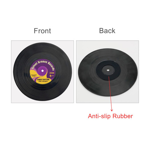 A black vinyl record coaster featuring a purple label on one side and anti-slip rubber on the reverse side.