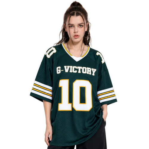 A green unisex hockey jersey with a retro V-neck, featuring bold white numbers and stripes. Includes a logo.