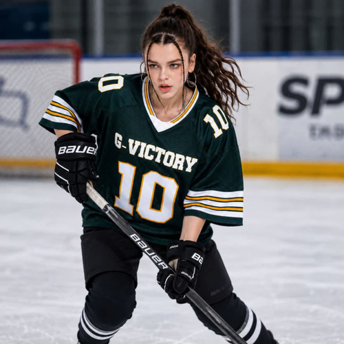 A green unisex retro V-neck hockey jersey with yellow and white stripes, featuring a logo and player number 10.