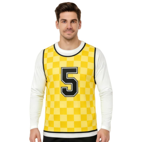 A man wearing a yellow checkered training bib with a black number 5 on the front and a white long-sleeve shirt underneath.