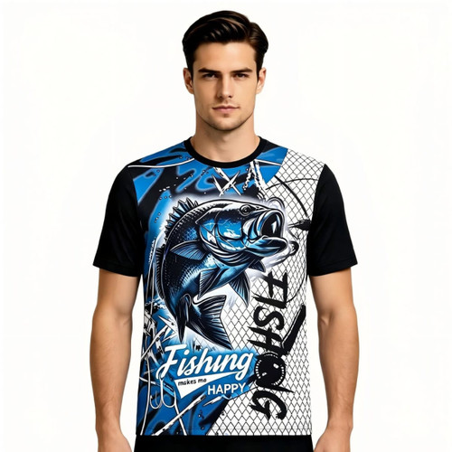 Men's polyester spandex T-shirt featuring a vibrant blue and black design with a fishing graphic and logo.