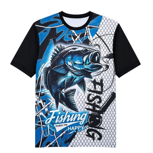 A vibrant blue and black fishing T-shirt featuring a fish graphic and mesh design, complete with a logo.