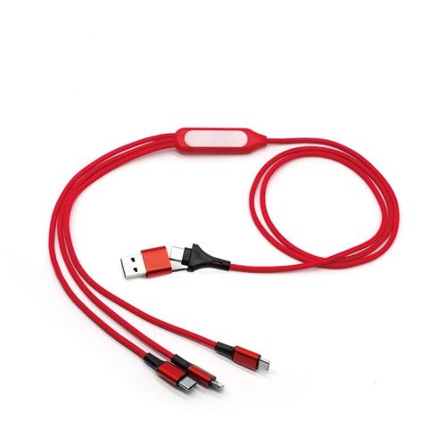 A red 6-in-1 charging cable featuring multiple connectors and a central hub, with a logo on the hub.