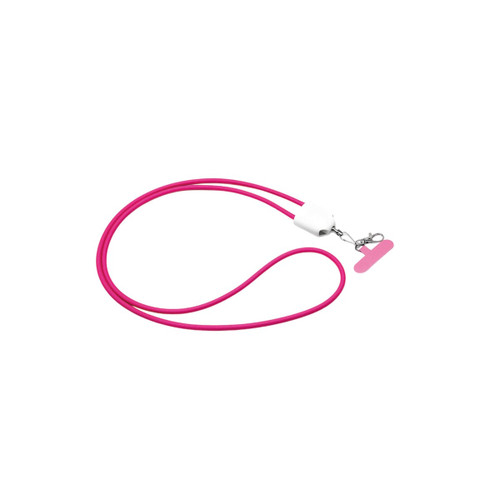 A pink 4-in-1 charging phone lanyard with a white attachment and a clip for secure holding.